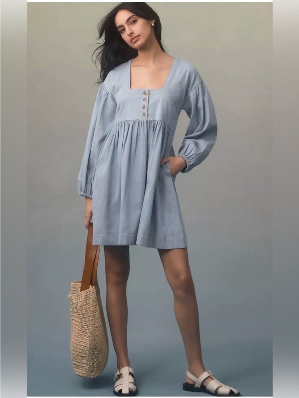 Anthropologie Jean Denim Babydoll Dress Small Blue Mini